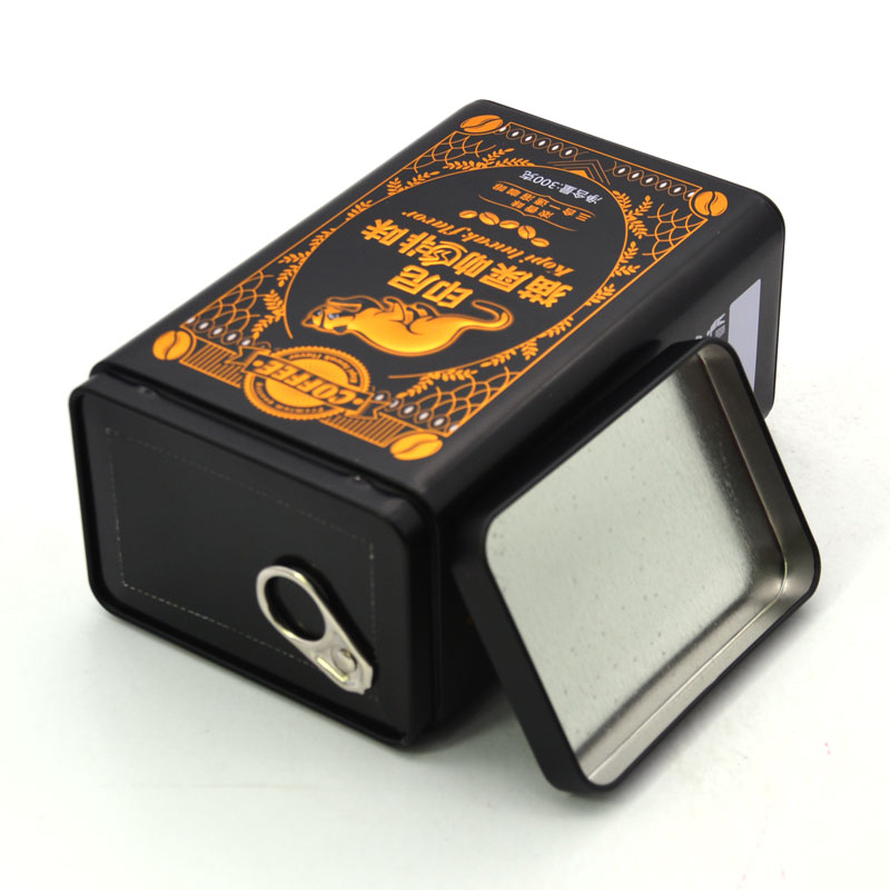 China Custom Printed Rectangle Coffee Gift Tin Package Box With Paper Easy Pull Lid manufacturer