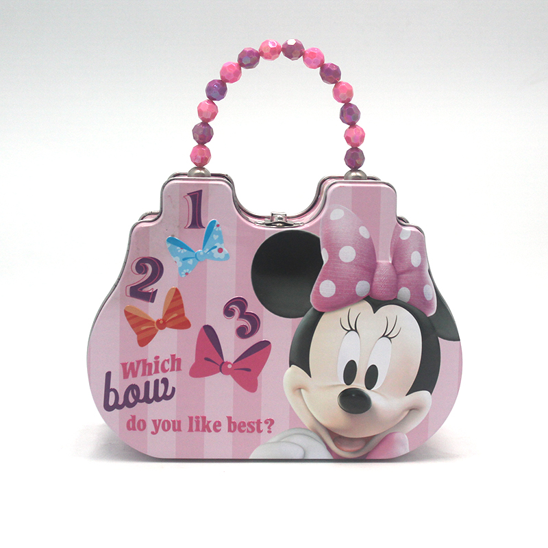 Customize Tin Package Boxes Girls Purse Shaped Lunch Tin Box Princess Gift Tin Boxes With Beaded Handle