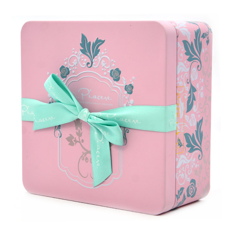 Custom Squre Candy Tin Box with Ribbon