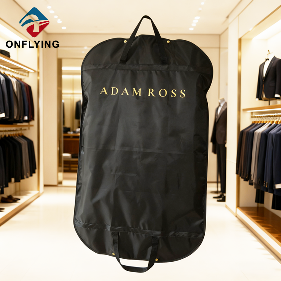 Léger sur mesure avec fenêtre en PVC Housse de costume en polyester noir Usine de Chine