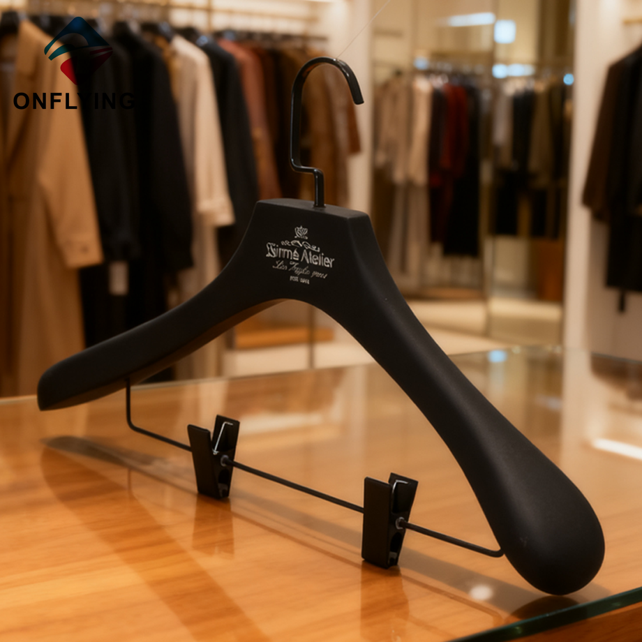 Noir robuste avec des cintres en bois à clips solides pour dames en usine de Chine