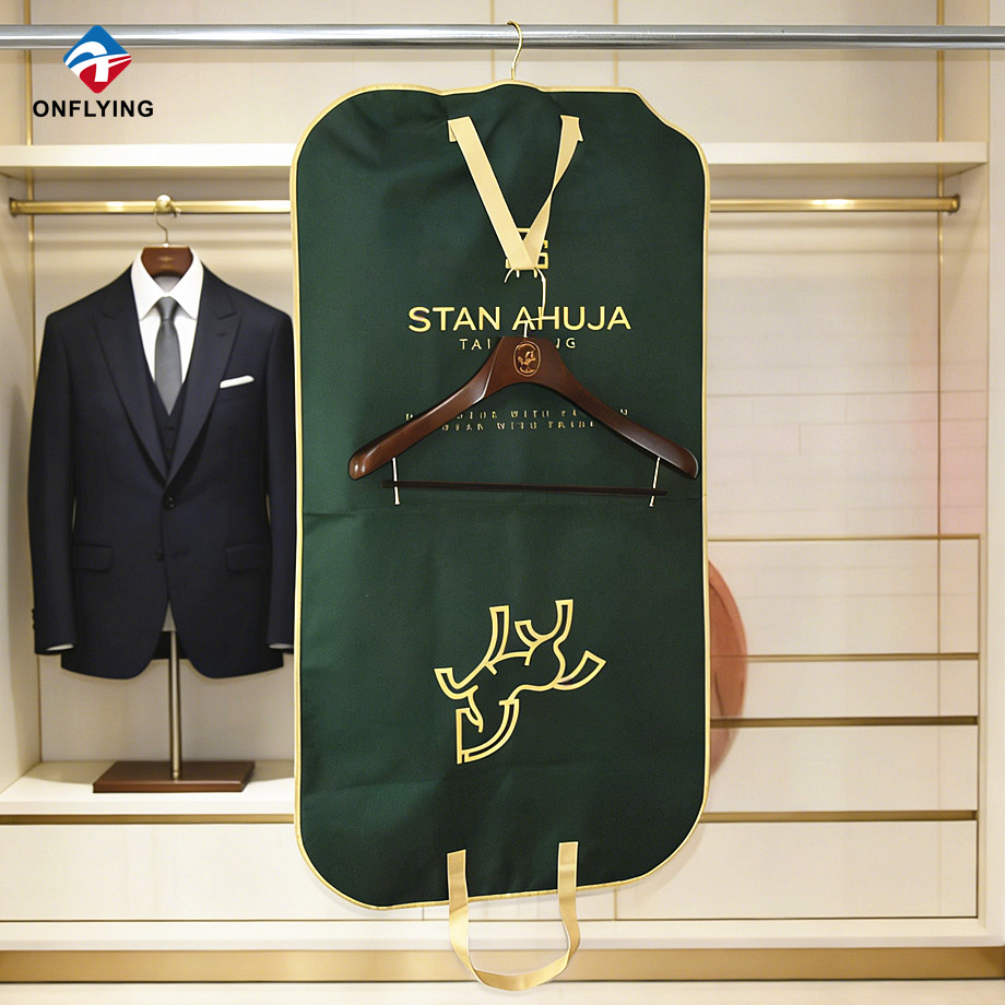 Couverture d'emballage de costume Oxford de vêtement personnalisée et cintre en bois avec le même logo