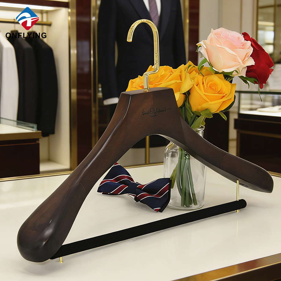 豪华定制标志宽肩棕色莲花木西装衣架带天鹅绒杆工厂中国