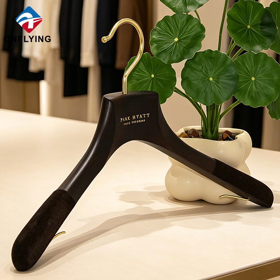Luxury Clothing Stores Velvet Shoulder Non slip Custom Garment Wooden Coat Hanger Supplier China