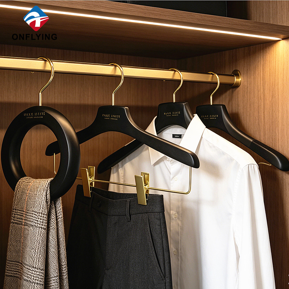 High Grade Stylish Multi-functional Engraved logo Custom Black Wood Hanger Set Factory China
