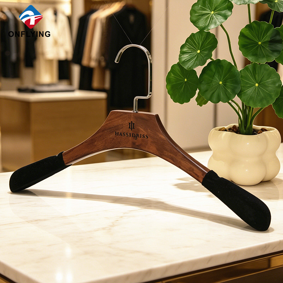 Best Selling Non slip Velvet Shoulder Brown Garment Wooden Clothes Hanger with Notch Factory China