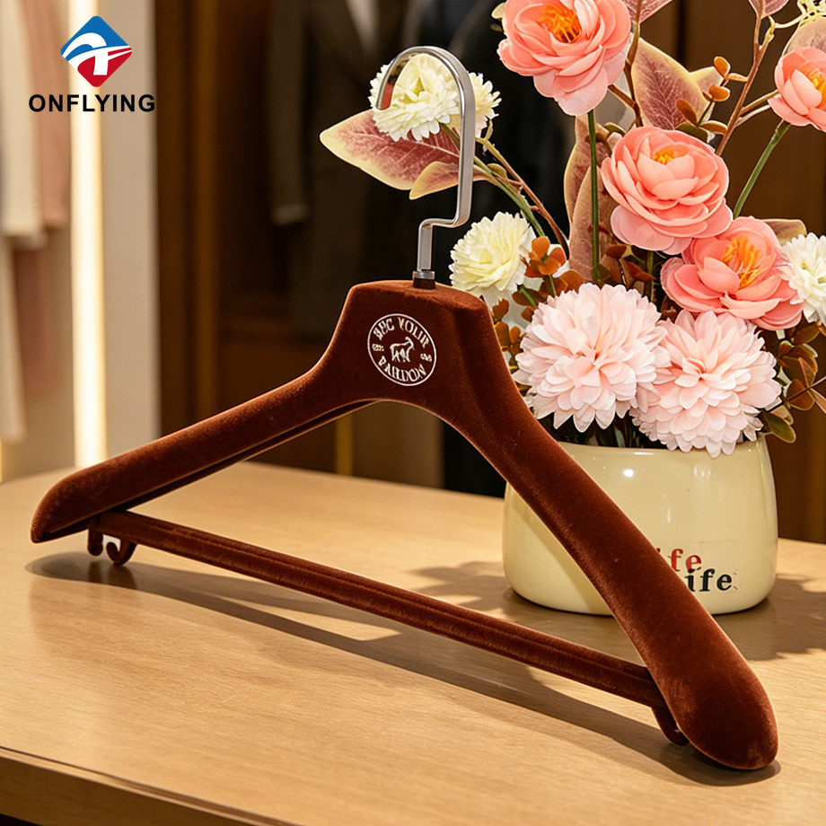 Luxury Versatile Household Retail Display Brown Smooth Velvet Flocked Hanger Supplier China