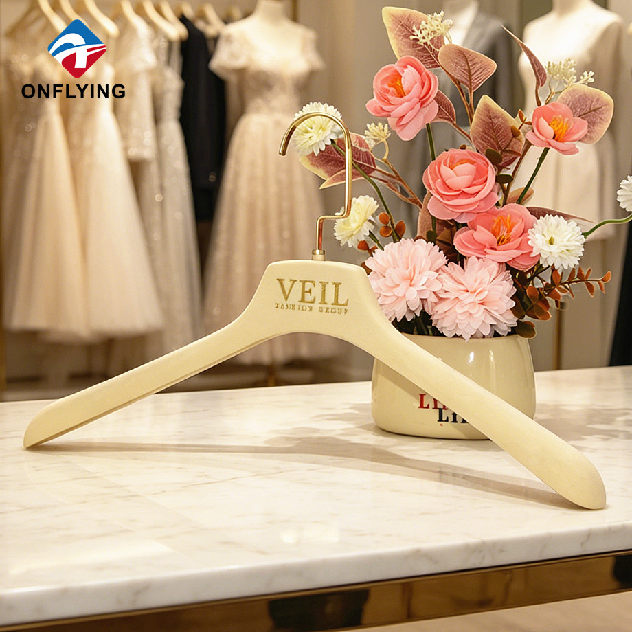 High Quality Bend-resistant Customized logo Beige Soft Velvet Clothing Hanger Factory China