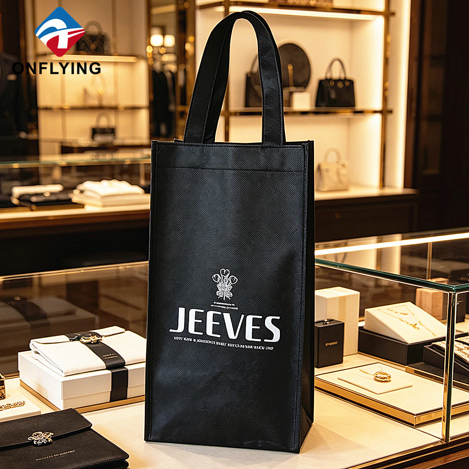 Tienda de tela transpirable Logotipo personalizado Bolso de compras no tejido negro Fabricante China