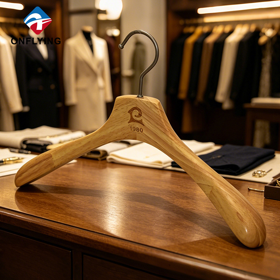 Premium Natural Gloss Smooth Wood Solid Wooden Coat Jacket Hanger Engraved logo Factory China