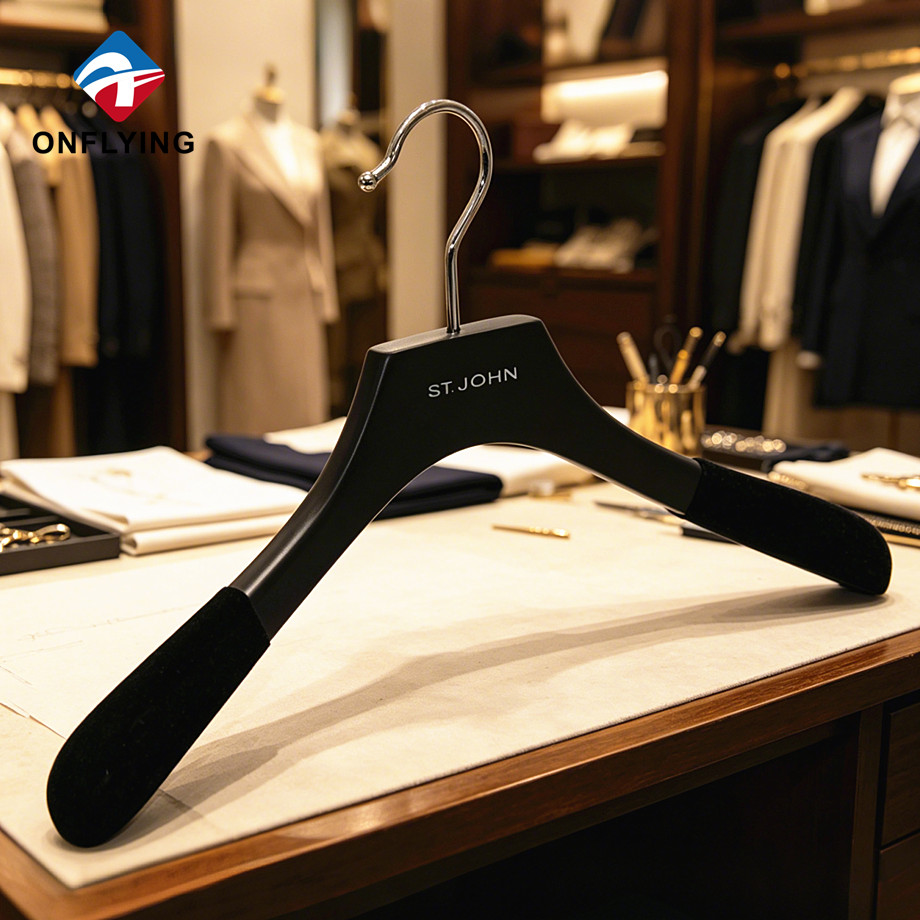 Premium Heavy Duty Hand Sanded Black Sturdy Wooden Clothes Hanger Velvet Shoulder Factory China