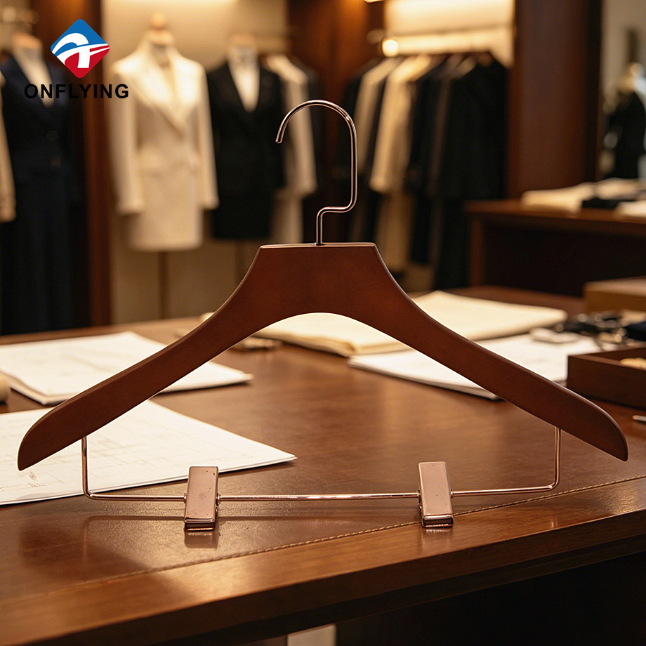 Clothing Store High-end Thick Solid Rose Gold Metal Brown Wooden Skirt Hanger Manufacturer China