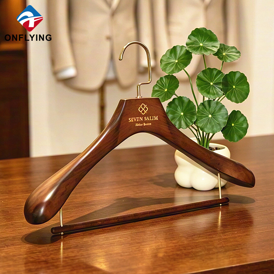 Sturdy High-end Wide Shoulder Glossy Polished Wooden Suit Hanger with Velvet bar Factory China