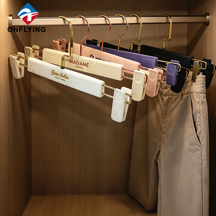 High-end Smooth Custom logo Flocked Colored Velvet Trouser Hanger Set with Clips Factory China
