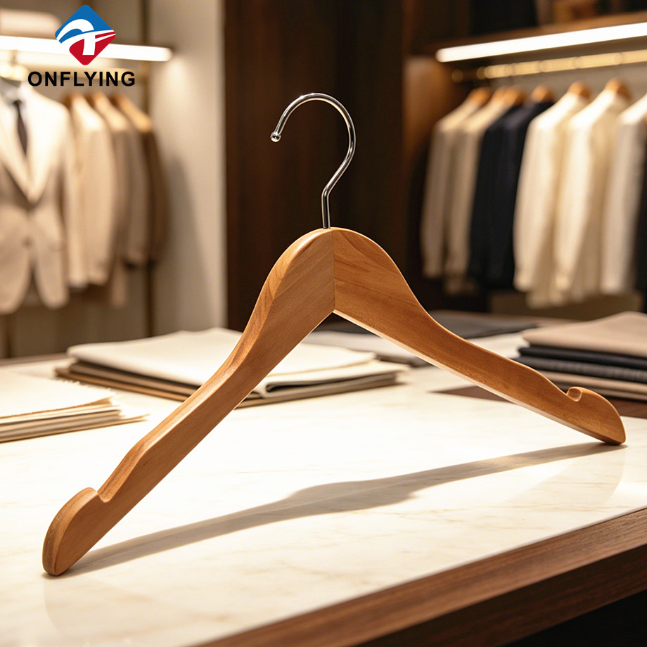 Alta calidad, hombro antideslizante, tienda de exhibición al por menor, suspensión de ropa de madera Natural resistente, fábrica China