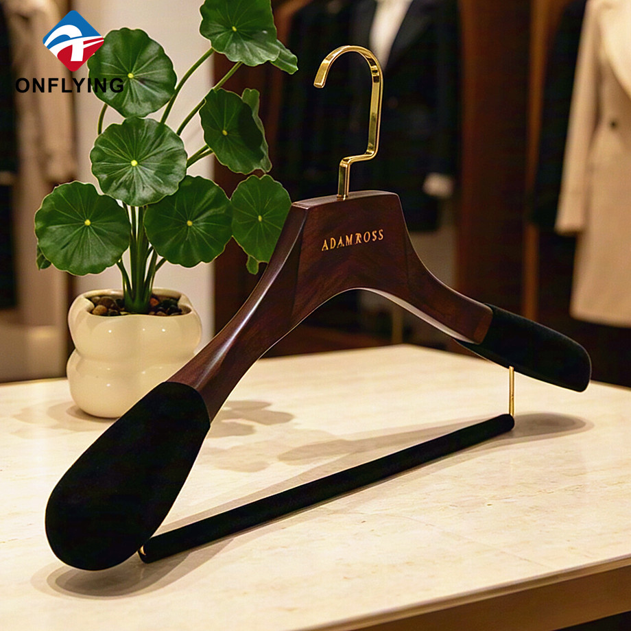 Luxury Smooth Custom Large Size Wooden Garment Hanger Anti slip Velvet Shoulder Factory China