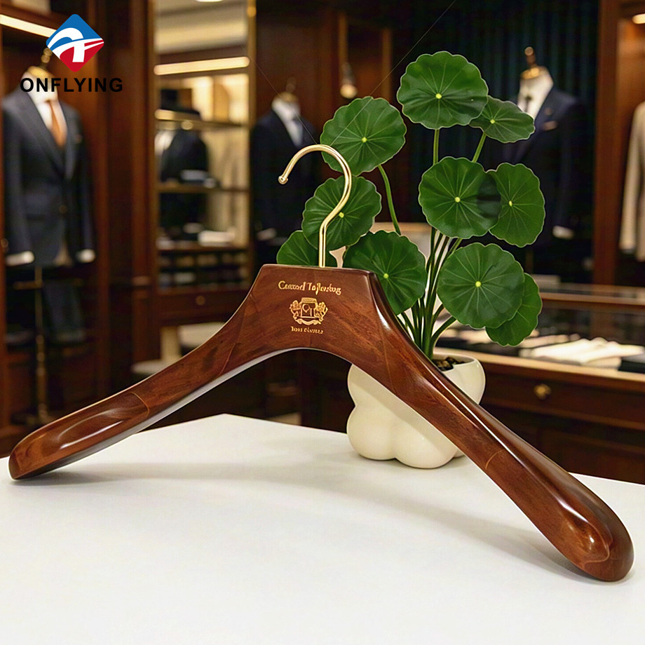 High-end Wide Shoulder Glossy Effect Custom logo Solid Sturdy Wooden Coat Hanger Factory China