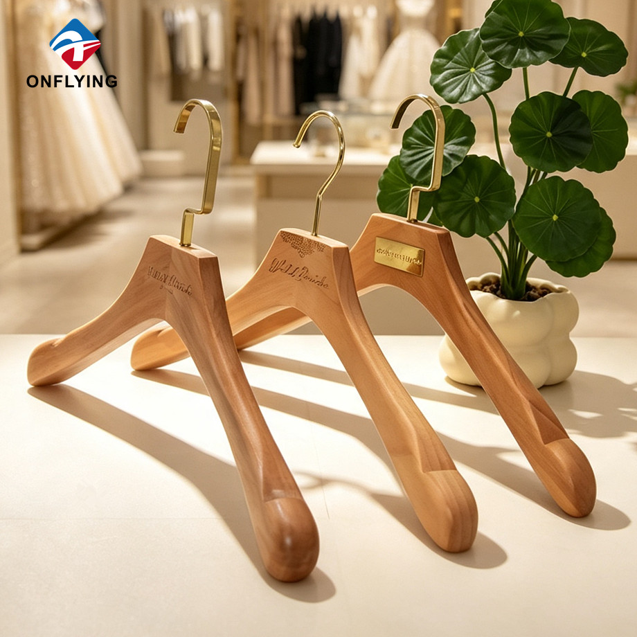 Premium Luxury Gown Boutique Customized Natural Wooden Garment Dresses Hanger Set Factory China