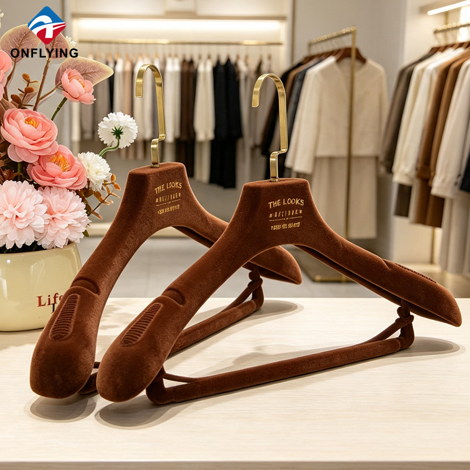 Elegant Design Anti slip Shoulder Suit Pants Soft Velvet Garment Brown Hanger Supplier China