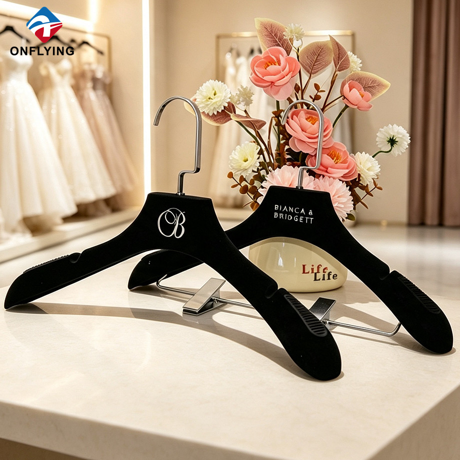 Durable Top Grade Fashionable Dresses Black Flocked Velvet Luxury Boutique Hangers Supplier China