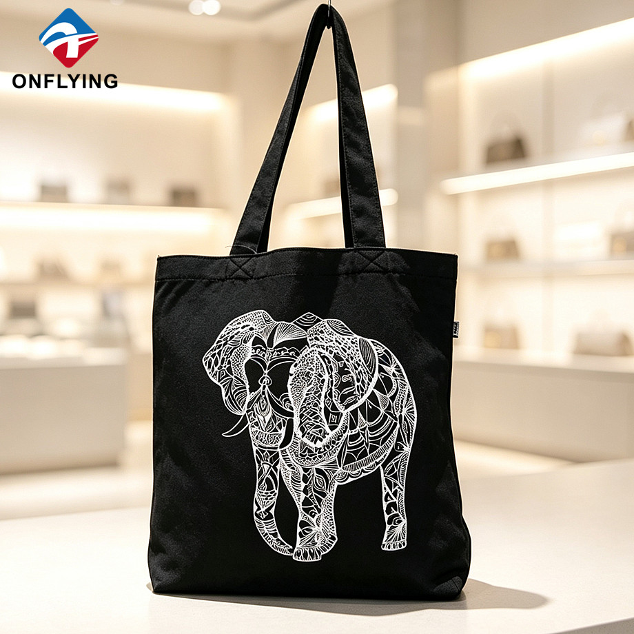 Luxury Durable Portable Display Custom logo Black Canvas Shopping Tote Handbag Supplier China