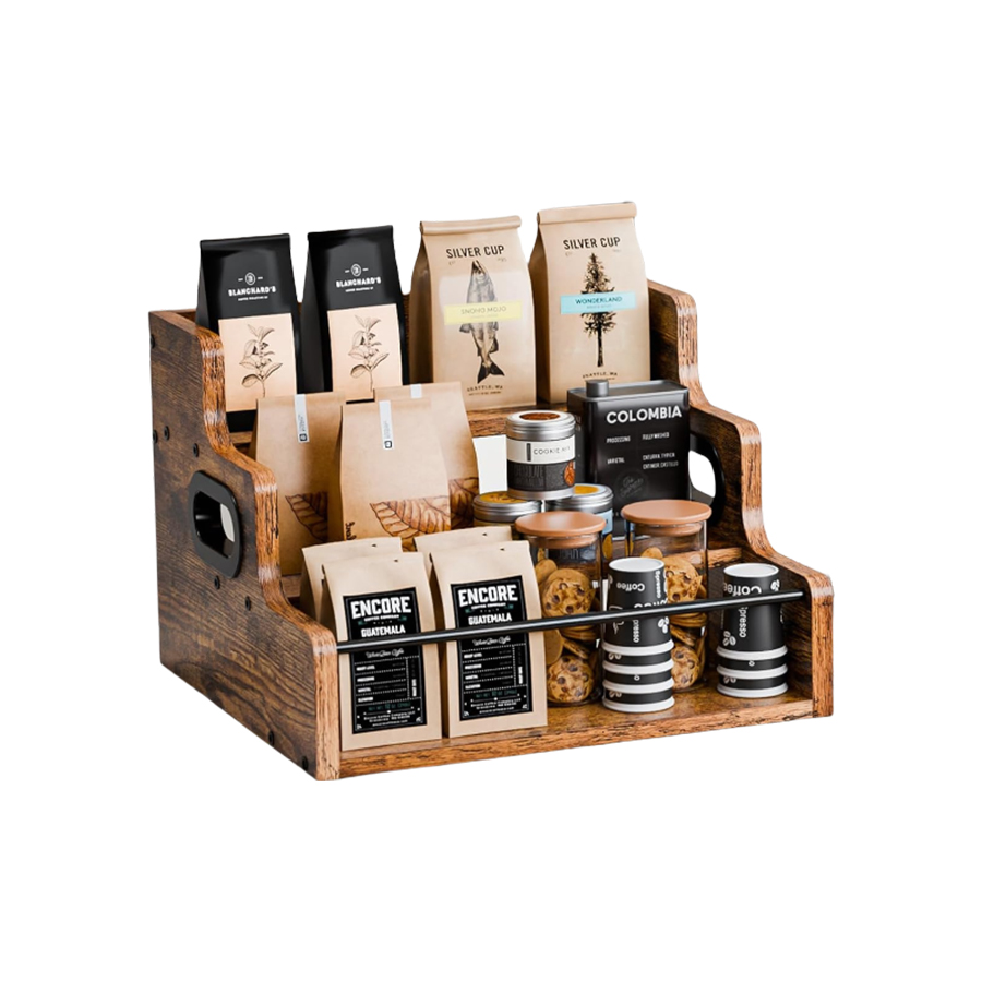 Großhandel Holzausstellungsregal, Weinflaschenlagerständer, Kaffee -Lagerregal