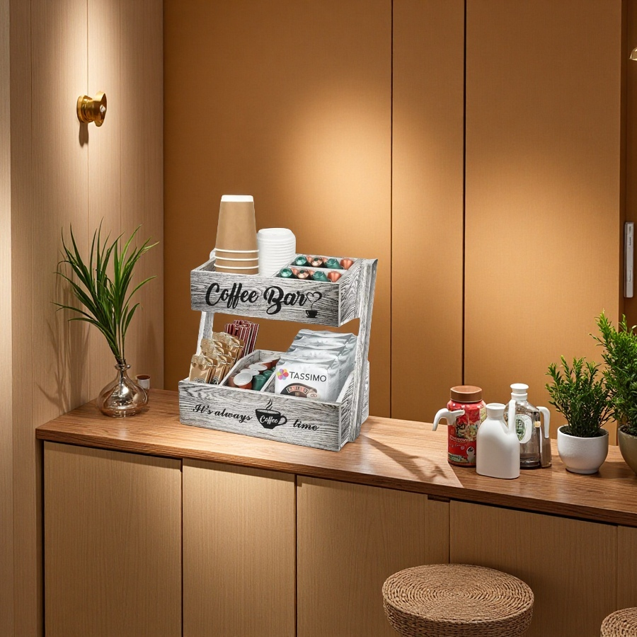 wholesale 2 Tier Wood Coffee Holder Wooden Coffee Station Organizer, Kitchen Counter Shelf