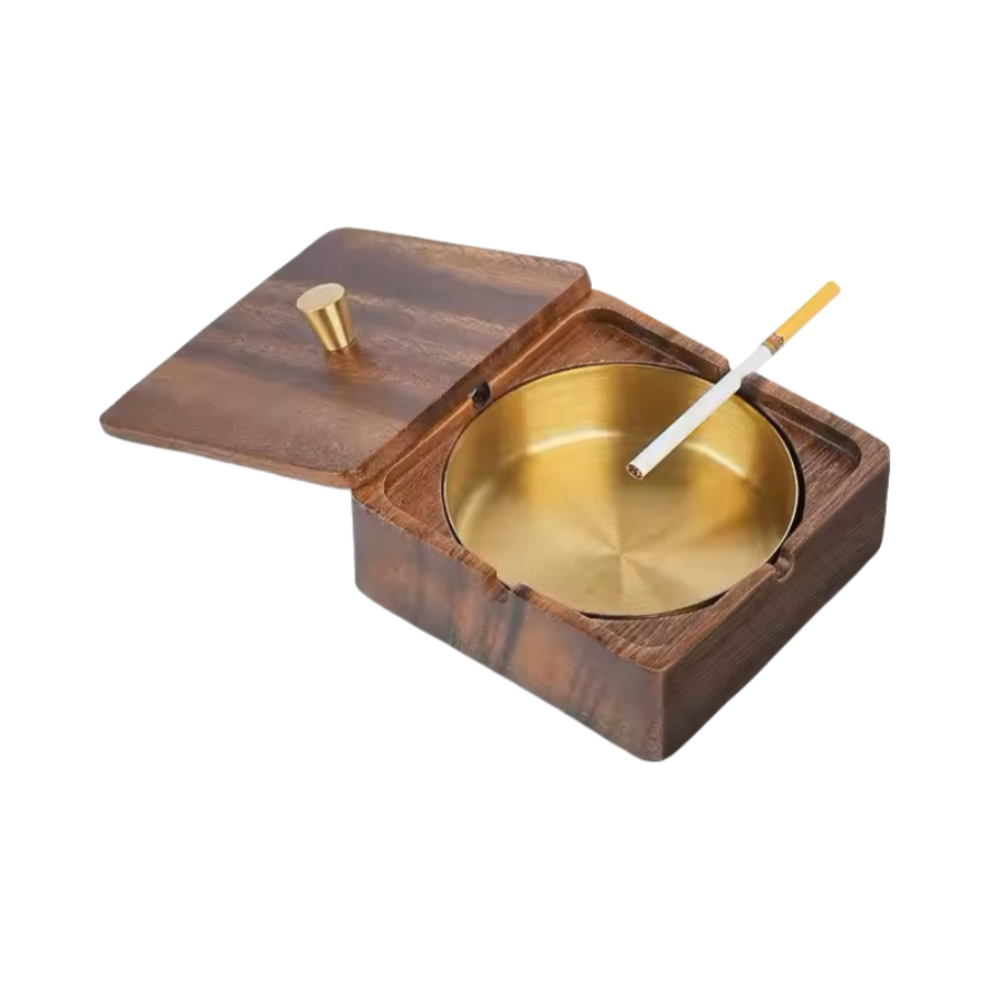 Wholesale Durable Walnut Ashtray with Lid and Stainless Steel Lining, Suitable for Hotel, Home and Office