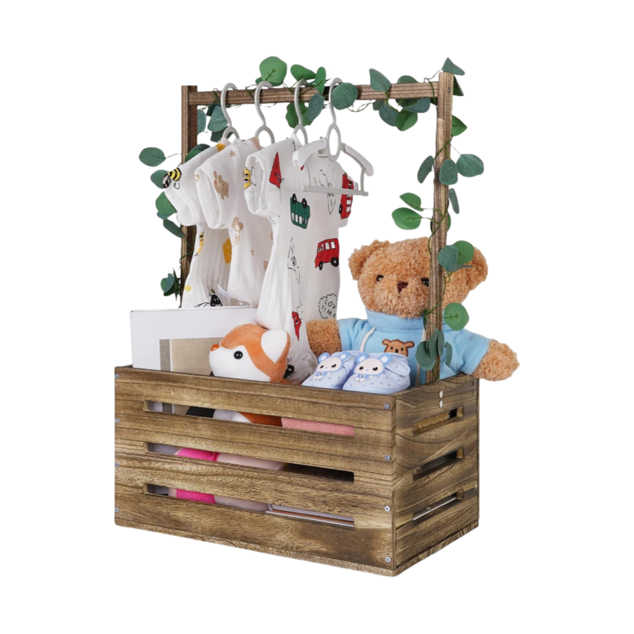 Wholesale Wooden Baby Shower Crate, Storage Basket with Handle, Newborn Welcome Gift Basket