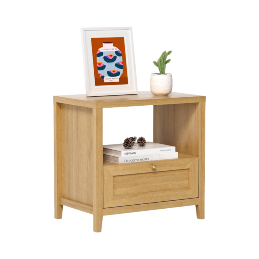 Custom Mid Century Sofa Night Stands Oak Wood Bedside Table with Open Shelf