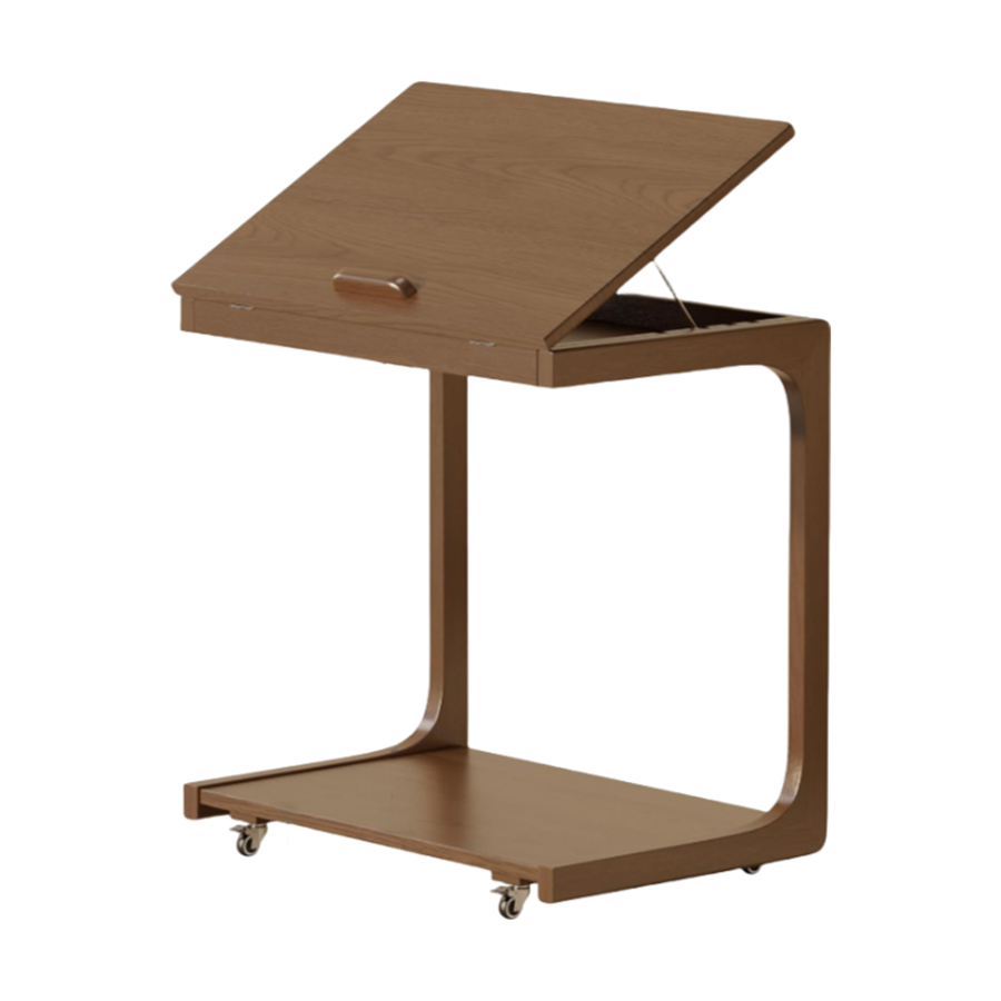 Wholesale Walnut Wood C-Shaped End Table, Couch Table with Adjustable Desktop and Lockable Wheels