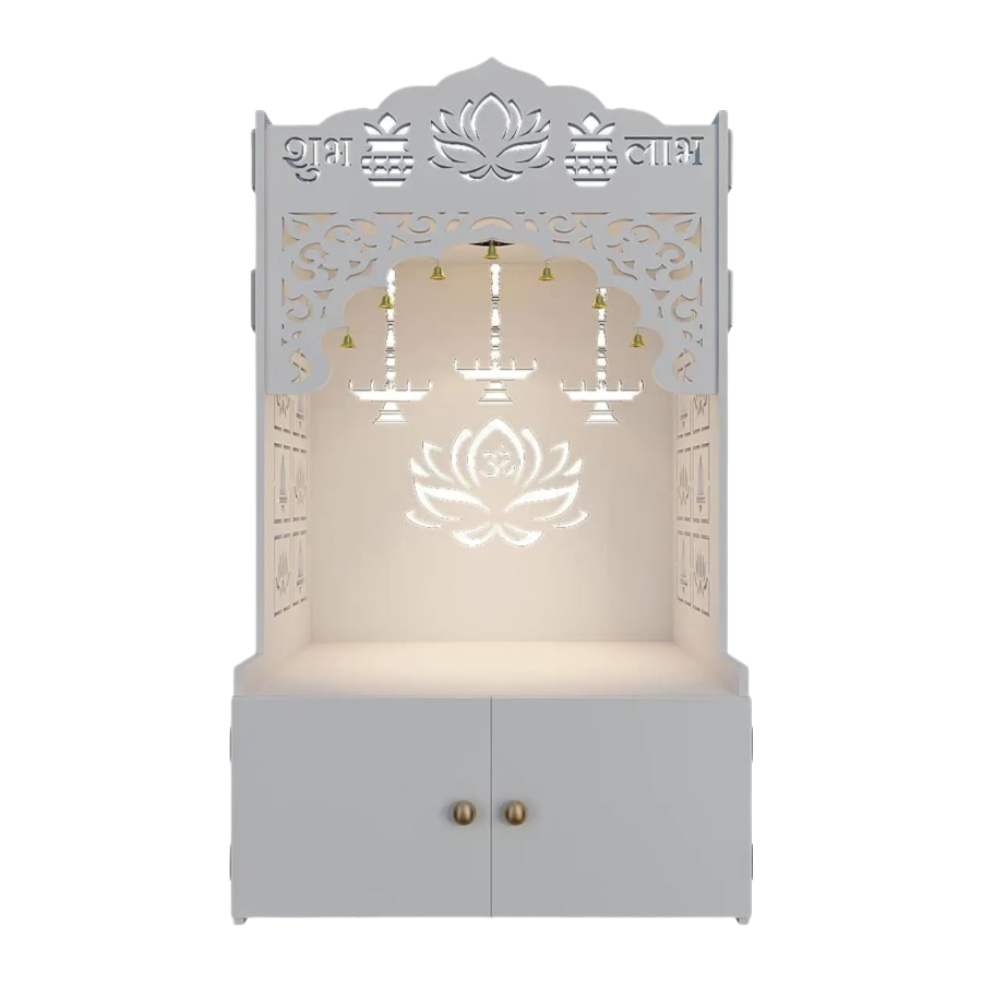 Custom Size White Freestanding Pooja Mandir Temple Cabinet for Home Puja and Hindu Temple Use