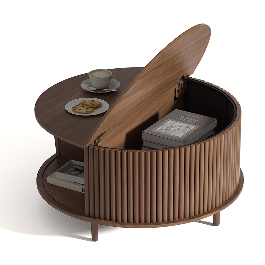 Customized Round Coffee Table with Storage Space Fluted Center Table with Sliding Door