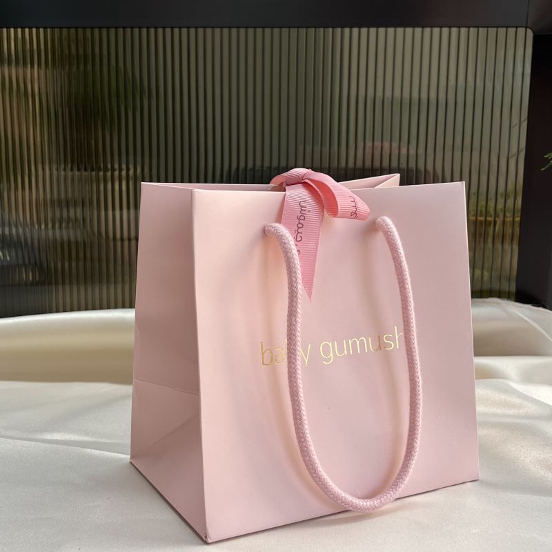 custom logo gold pink white black nude blue yellow orange paper shopping packing bag for gift with ribbon handle