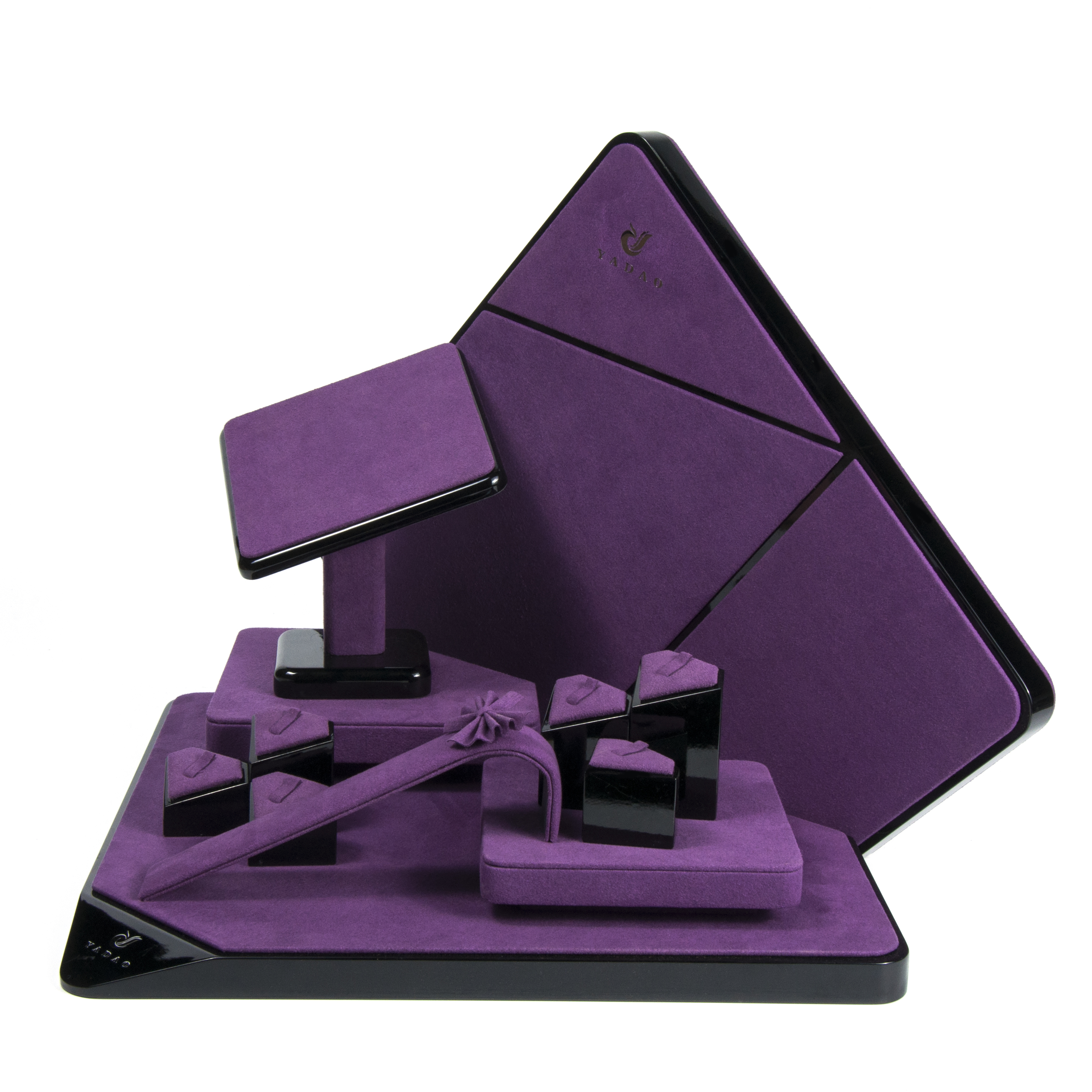 Présentoir de comptoir de bijouterie enveloppé de microfibre en forme de losange violet