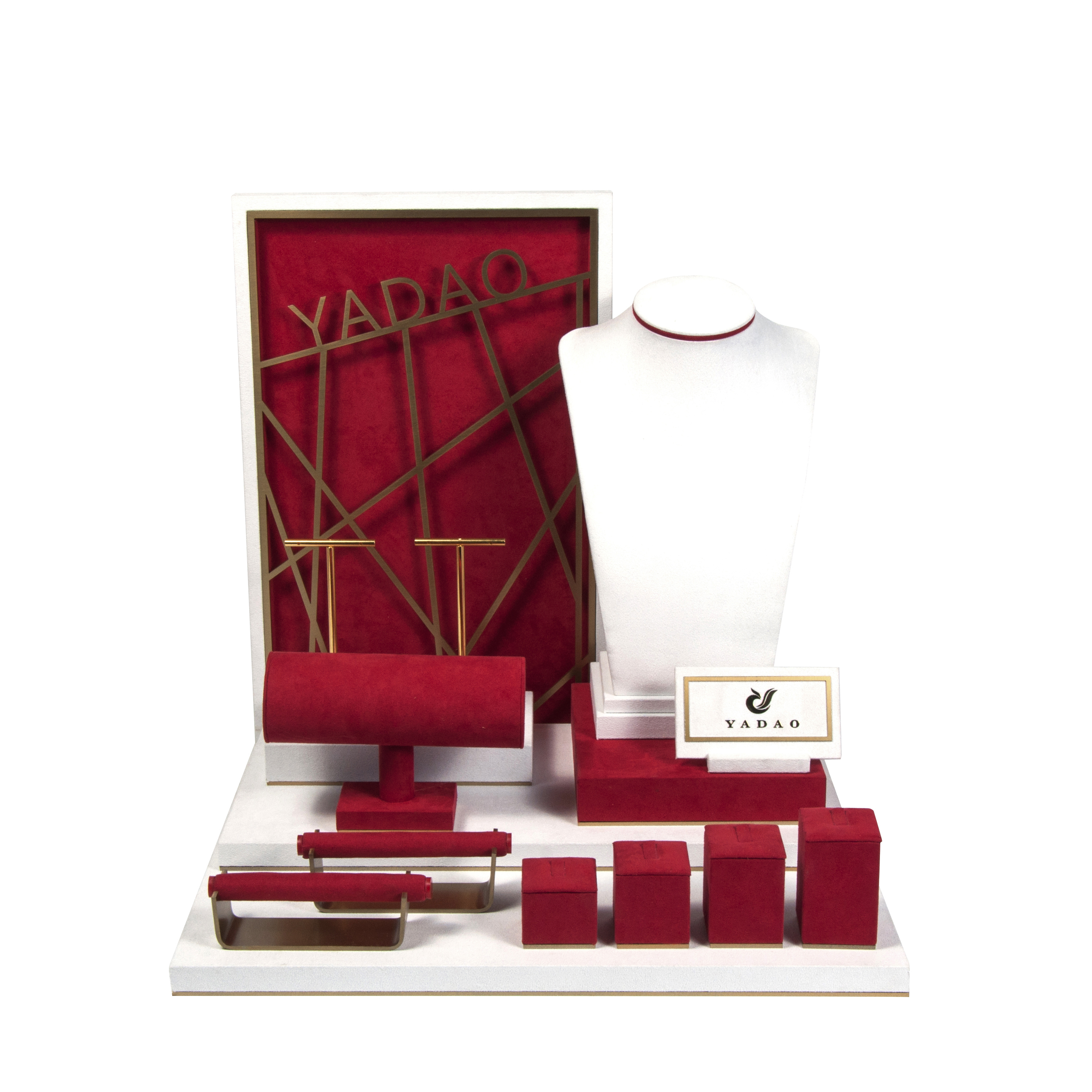 কাস্টম লোগো সহ ছোট MOQ জুয়েলারি ডিসপ্লে মাইক্রোফাইবার গোল্ড ডায়মন্ড রিং নেকলেস জুয়েলারি স্ট্যান্ড