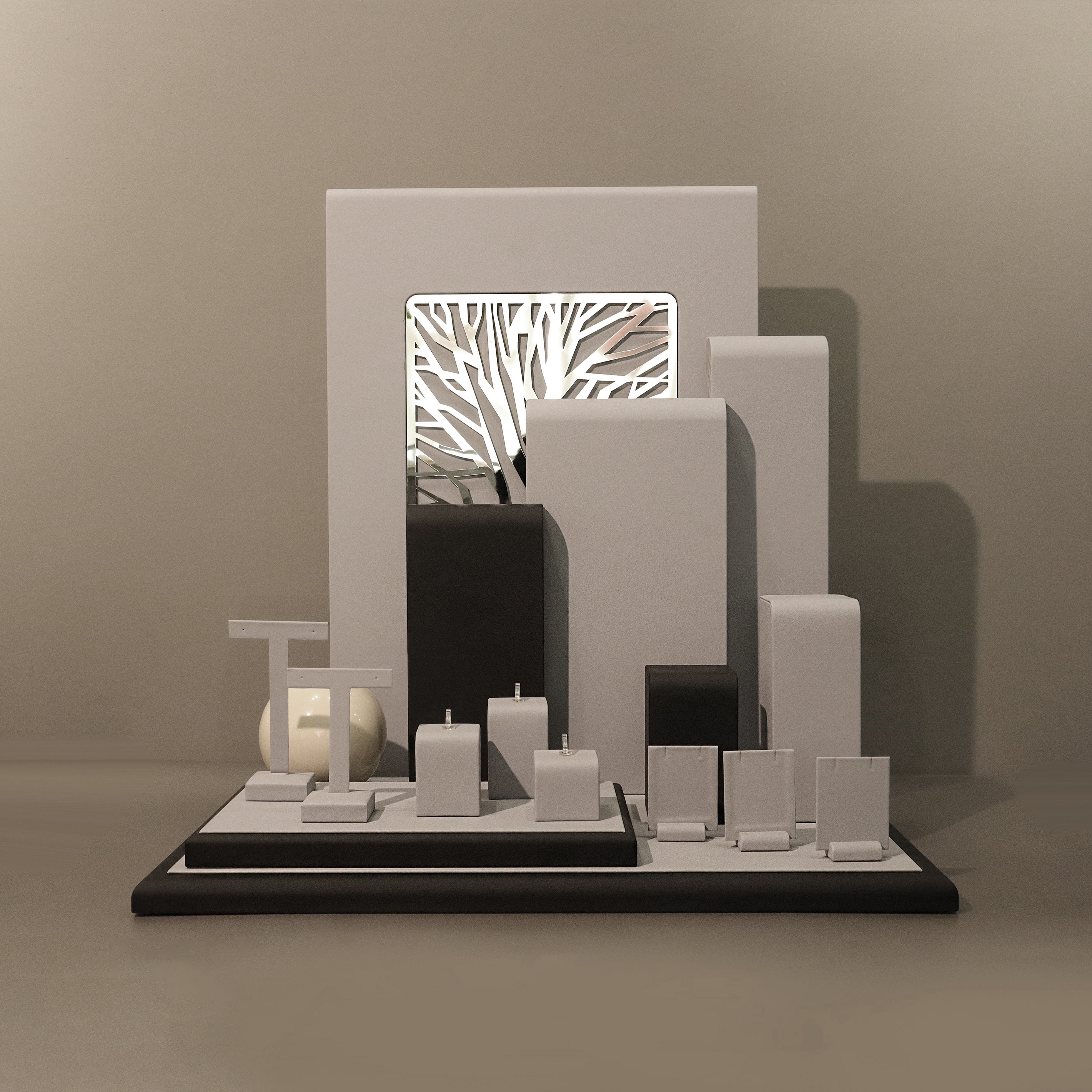 Grå sort kombination smykkestand display Moderne moderigtigt smykke display sæt med træ mønster baggrund