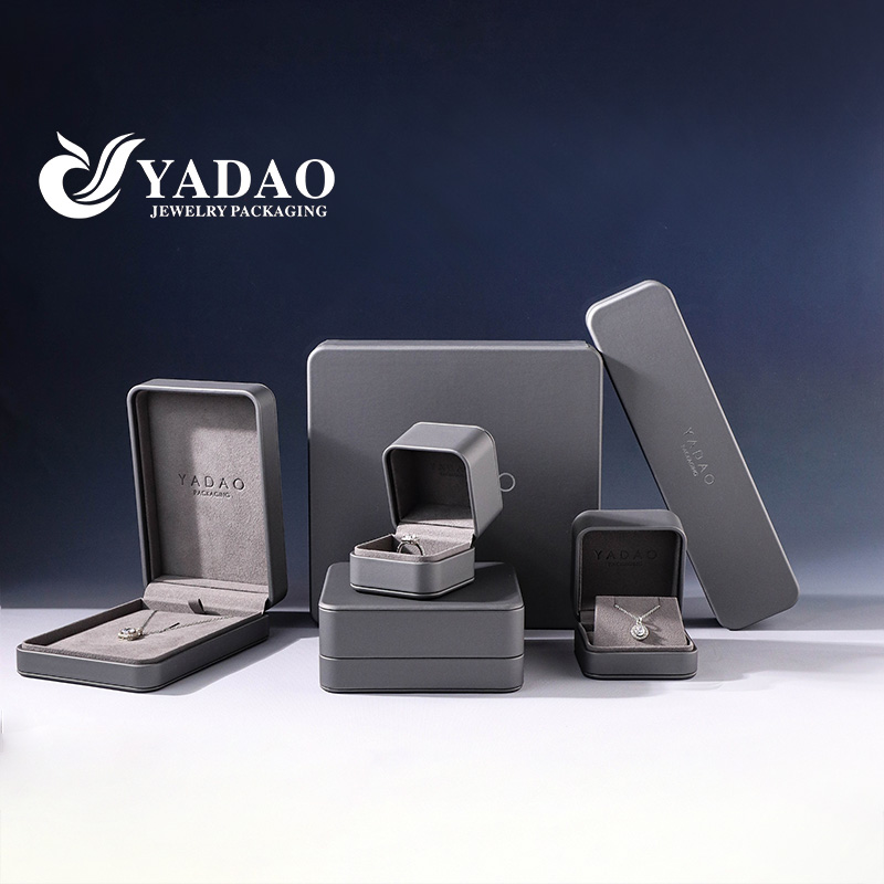 Luxury Dark Grey Leather Gaya Elegan Berlian Cincin Kalung Kotak Kemasan Perhiasan Besar Semua Ukuran