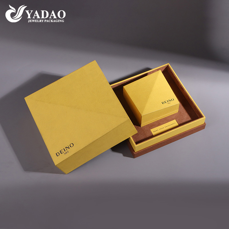 bright yellow pu paper luxury design fine jewelry box with outer packaging wedding ring
