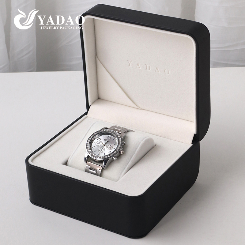 Echt leer, zwarte buitenkant, fluwelen binnenkant, hoogwaardige stijlvolle horlogeverpakking, displaydoos