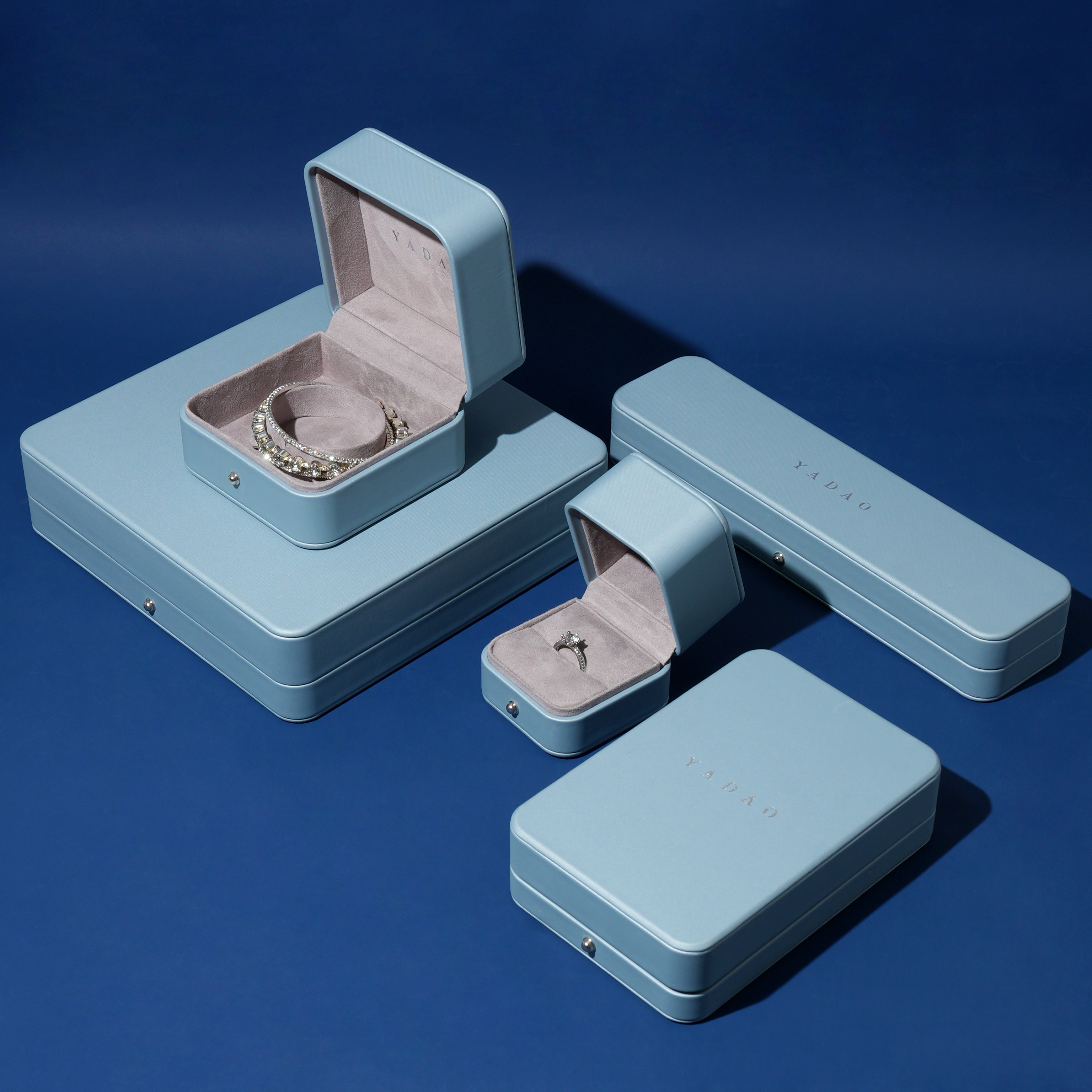 Factory Wholesale Luxury Custom logo Blue Leather Jewelry Box Packaging for Ring Earring Necklace Bracelet Gift Box Set