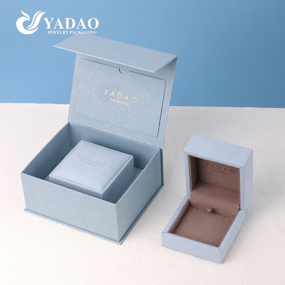 YADAO High-end Customized Logo Light Blue Magnetic Paper Jewelry Gift Box Package with Octagonal Velvet Jewelry Box Inner