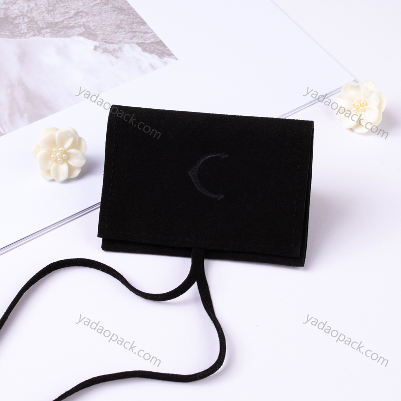 紐付きブラックマイクロファイバーエンベロープポーチ