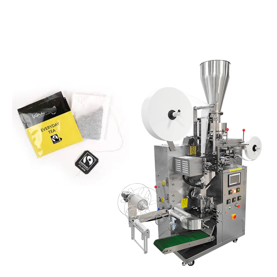 آلة تعبئة أكياس الشاي آلة تعبئة حقيبة الشاي الزهرة الداخلية والخارجية مع سلسلة وملصق