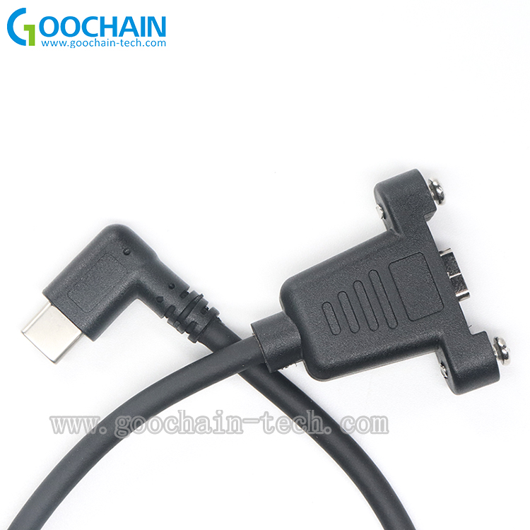 China Aangepaste 90 graden USB Type C Mannelijk naar Dual Schroef Lock USB 3.1 Type C Vrouwelijke verlengkabel-x-Connector: schroefvergrendeling USB 3.1 Type C-connector  90 graden Rechthoek USB Type C PlugOEM ODM Dual Panel Mount Schroef USB Type C-kabels fabrikant