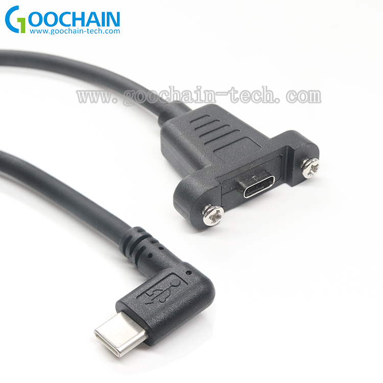 China Aangepaste 90 graden USB Type C Mannelijk naar Dual Schroef Lock USB 3.1 Type C Vrouwelijke verlengkabel-x-Connector: schroefvergrendeling USB 3.1 Type C-connector  90 graden Rechthoek USB Type C PlugOEM ODM Dual Panel Mount Schroef USB Type C-kabels fabrikant