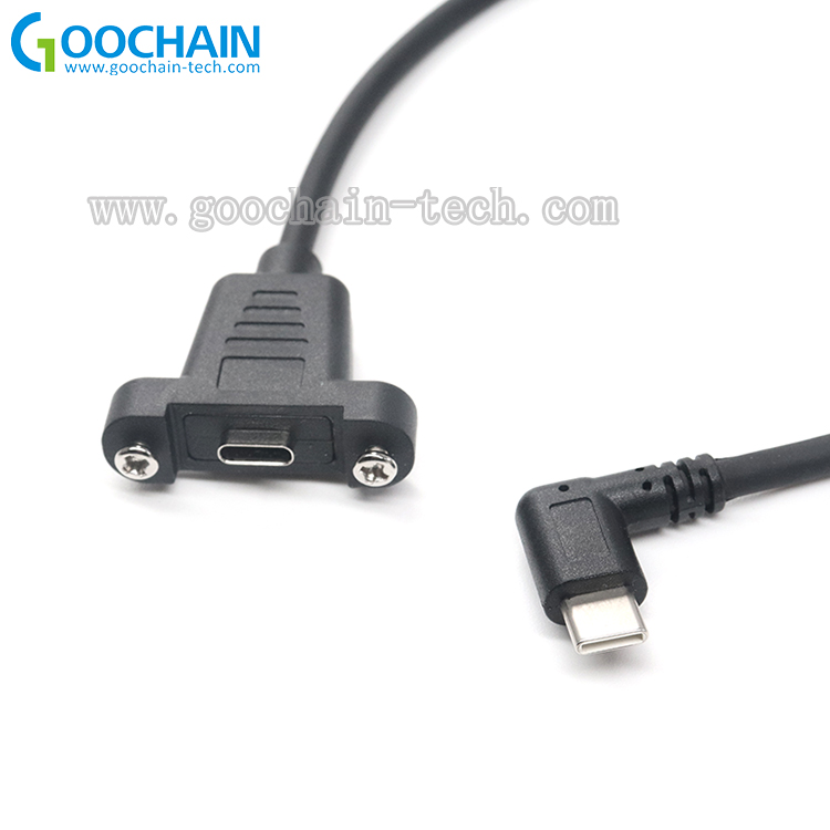 China Aangepaste 90 graden USB Type C Mannelijk naar Dual Schroef Lock USB 3.1 Type C Vrouwelijke verlengkabel-x-Connector: schroefvergrendeling USB 3.1 Type C-connector  90 graden Rechthoek USB Type C PlugOEM ODM Dual Panel Mount Schroef USB Type C-kabels fabrikant