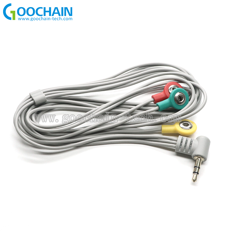 China Rechtwinklige 3,5-mm-Stereo-Audiobuchse auf 3-adriges 2,5-mm-EKG-Druckknopf-EKG-EEG-Elektrodenkabel Hersteller