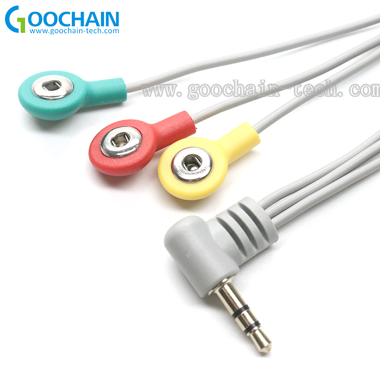 China Rechtwinklige 3,5-mm-Stereo-Audiobuchse auf 3-adriges 2,5-mm-EKG-Druckknopf-EKG-EEG-Elektrodenkabel Hersteller