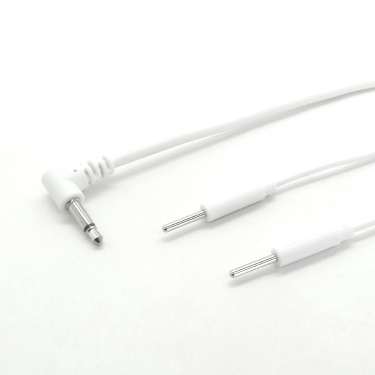 China 3.5mm Audio Jack 90 Degree Right Angled to 2mm Electrode Pin Tens Lead Wire 2 in 1 Electrode Medical Cable manufacturer
